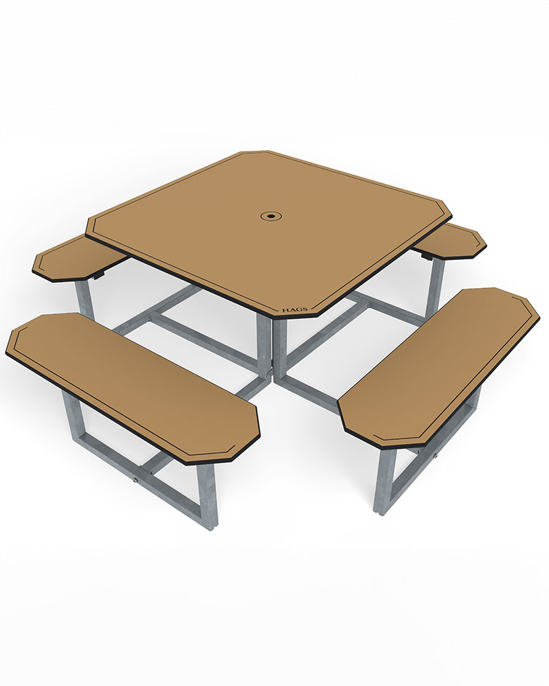 Render of an outdoor picnic table in HPL material.